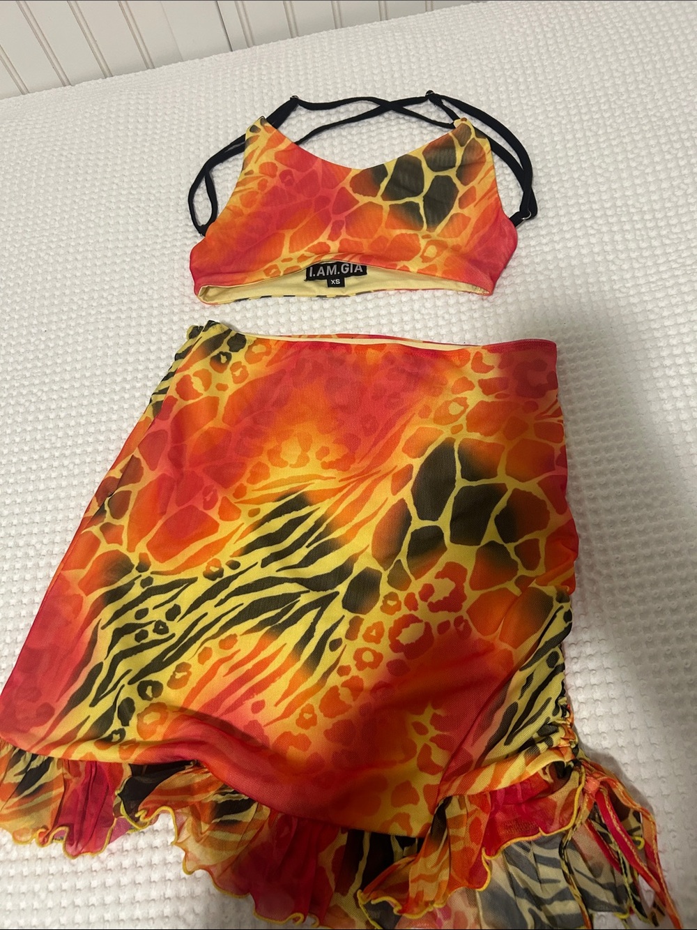 I.AM.GIA Red Orange Yellow Animal Print Crop Top & Skirt Set